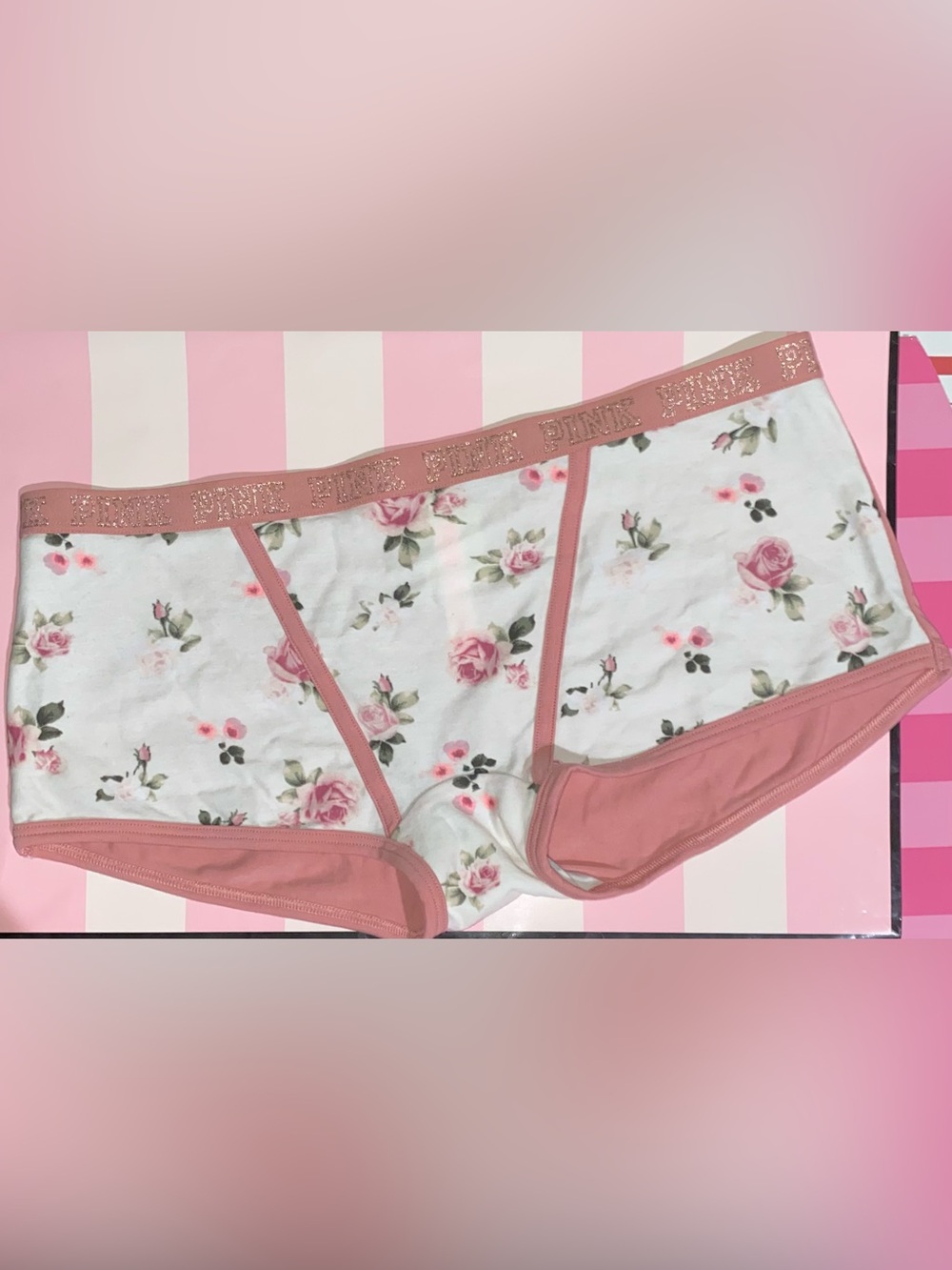 New Victoria’s Secret Pink panties PINK bling gold sparkle logo boyshort floral